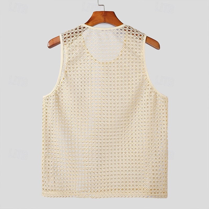 Men's Tank Top Vest Top Undershirt Sleeveless Shirt Sleeveless Crew Neck Summer Plain Fashion Designer Basic Mesh Vacation Street Going out Beige Top Tee for Men3