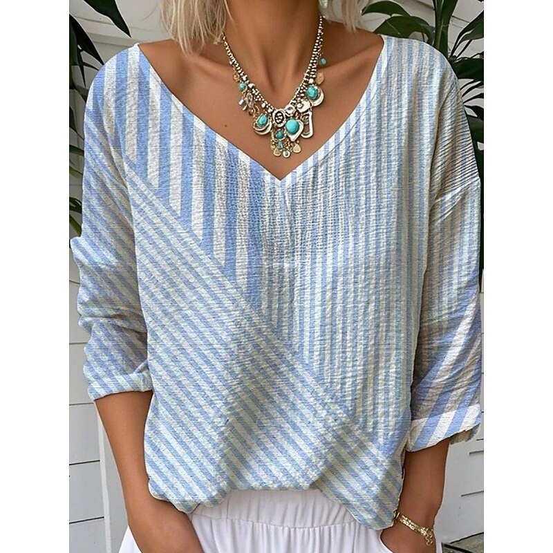 Women's Blouse Floral Graphic Striped Stylish Casual 3/4 Length Sleeve V Neck Regular Tops Daily Blue Orange Summer Spring2