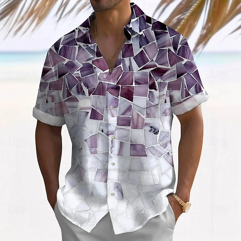 Men's Geometric Mosaic Print Shirt Summer Shirt Button Up Shirt Short Sleeve Fashion Casual Outdoor Vacation Dailywear Summer Spring Turndown 3D Print Collared Shirts Front One Pocket Blue Purple2