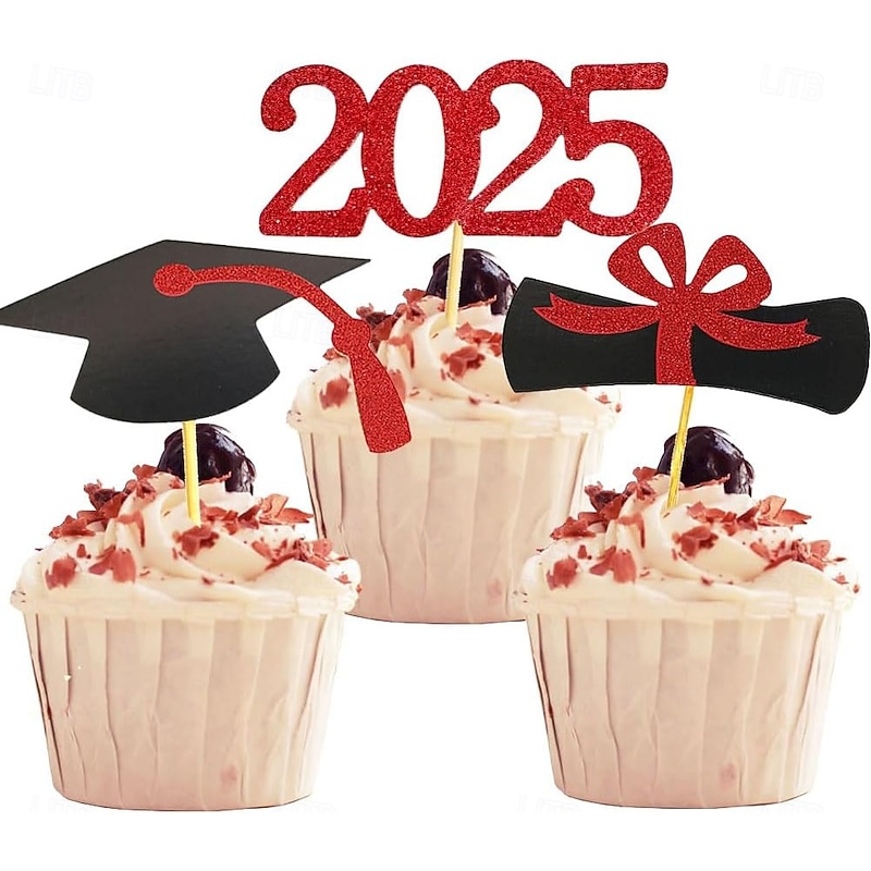 2025 Graduation Cupcake Toppers 48 PCS Food/Appetizer Picks For Graduation Party Mini Cake Decorations Diploma 2025 Grad Cap Set 48 Pieces2