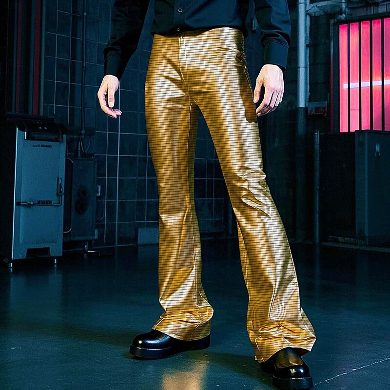 Retro Vintage 1970s 1980s Bell Bottom Pants Flared Trousers Disco Shiny Latex Patent Metallic Checkered Fancy Dress Men's Halloween Carnival Pride Parade Pride Month Adults' Pants All Seasons