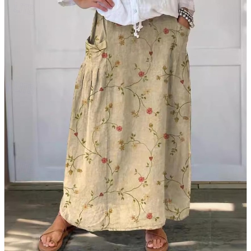 Women's Skirt Maxi Skirt Casual Maxi High Waist Skirts Floral Linen Micro-elastic Street Yellow Blue Green Pale Blue Summer Polyester Linen