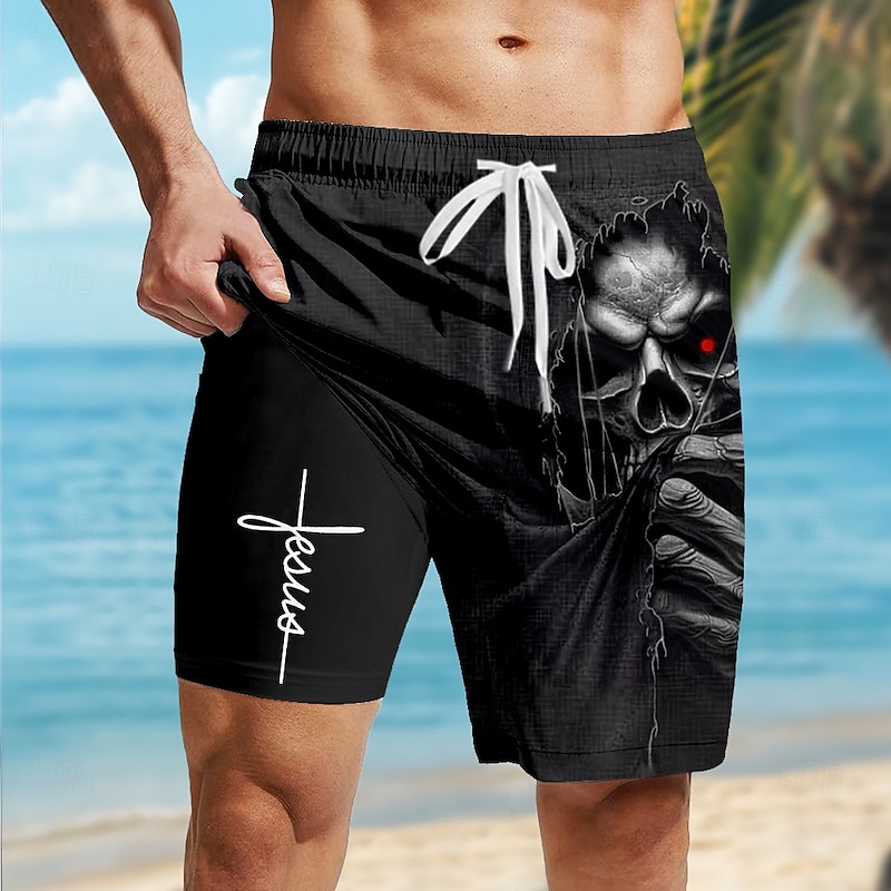 Men's Letter Printed Faith Halloween Costumes Lined Shorts 2 in 1 Board Shorts Swim Shorts Mid Waist Vintage Retro Holiday Streetwear Side Pockets With Compression Liner Elastic Drawstring Waist4