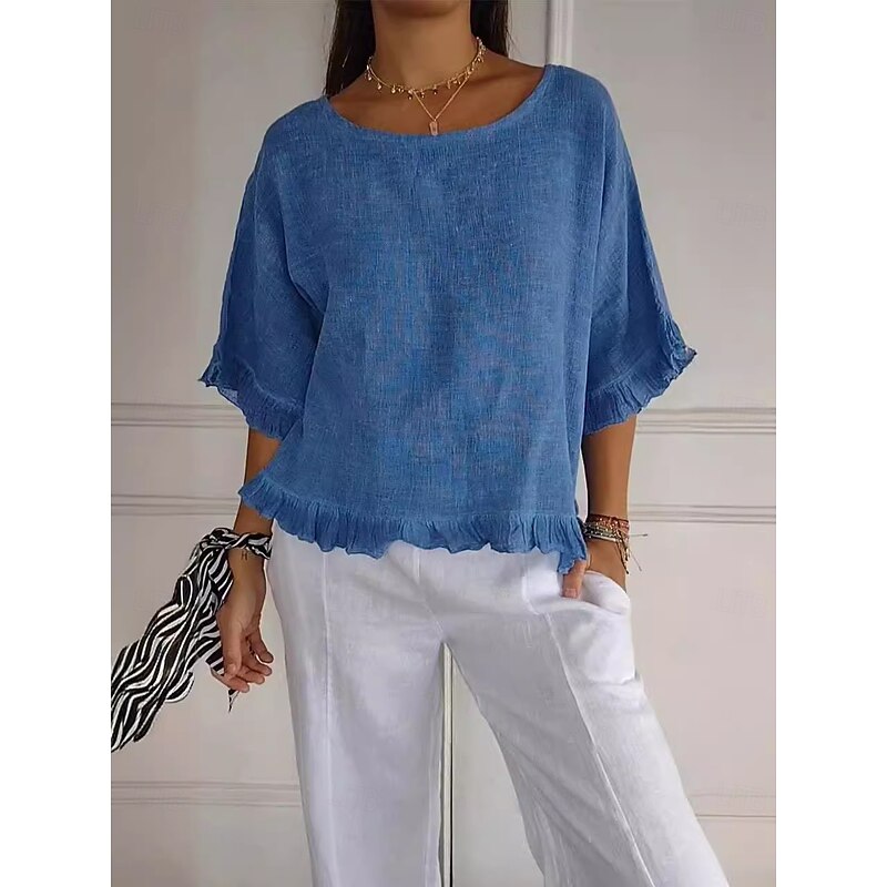 Women's Cotton Linen Blouse Solid Color Stylish Casual Half Sleeve Crew Neck Regular Tops Daily Holiday Ruffle Summer
