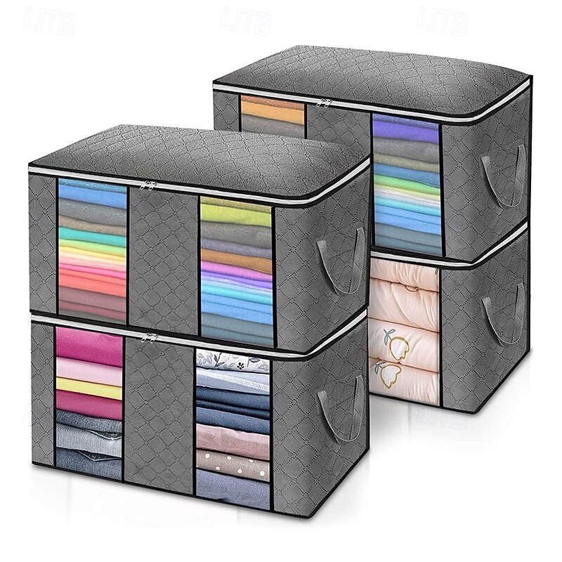 4 Pack Foldable Storage Bags Under-bed Storage, Bedding Storage Bags with Clear Window and Reinforced Handles, Reusable Bag Organizer with Smooth Zipper, for Clothes Blankets Comforters