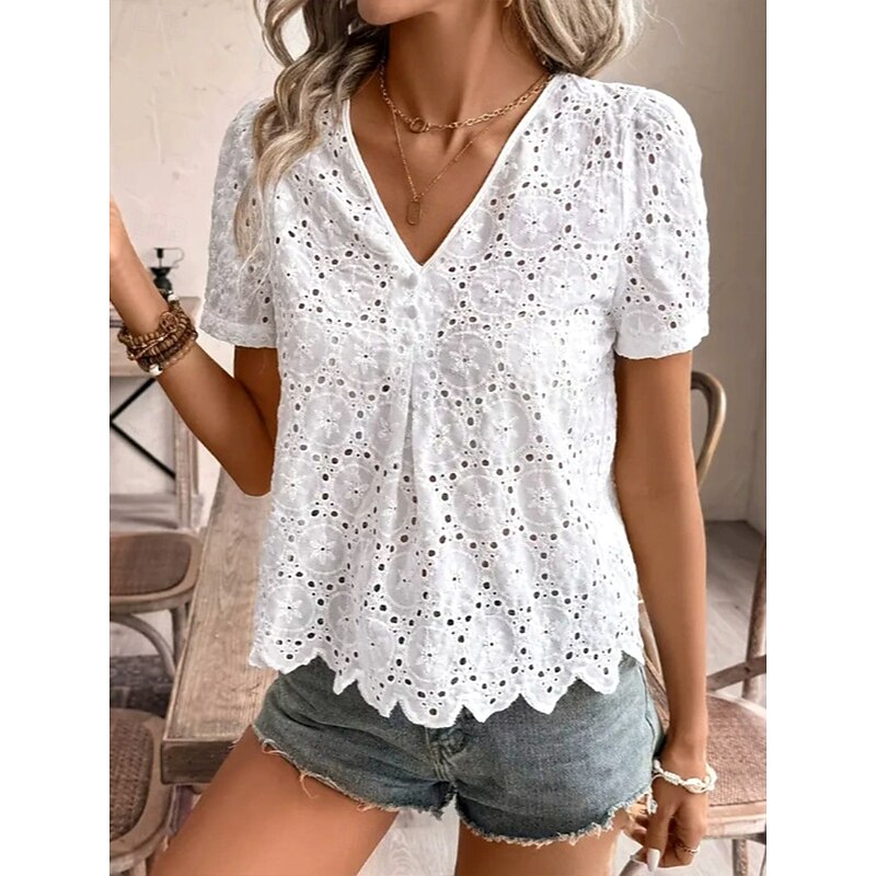 Women's Shirt Floral Casual Short Sleeve Shirt Collar Regular Tops Daily Holiday Lace Buttons White Summer Spring