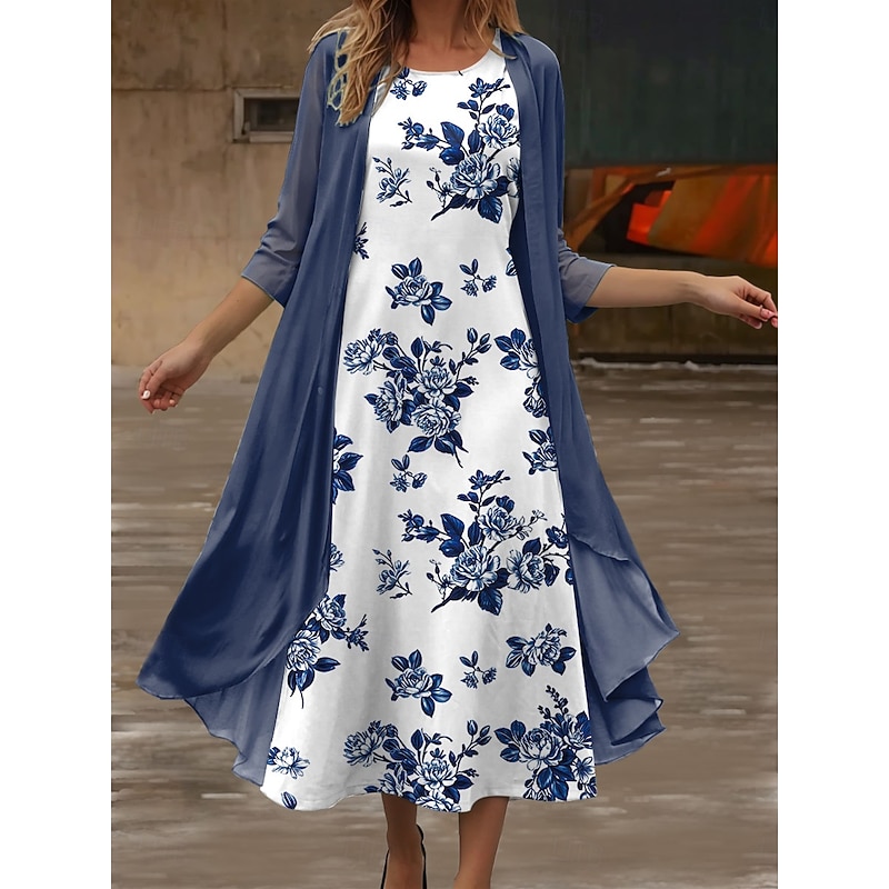 Women's Dress Set Midi Dress Summer Dress Casual Semi Formal Floral Graphic Print 3/4 Length Sleeve Crew Neck Daily Holiday Blue Purple Green Summer Spring Regular Fit