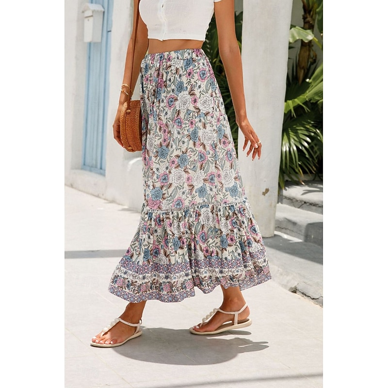 Women's Skirt Bohemia Casual Boho Maxi Mid Rise Skirts Floral Print Micro-elastic Vacation Street Almond Red Blue Orange Summer Rayon2