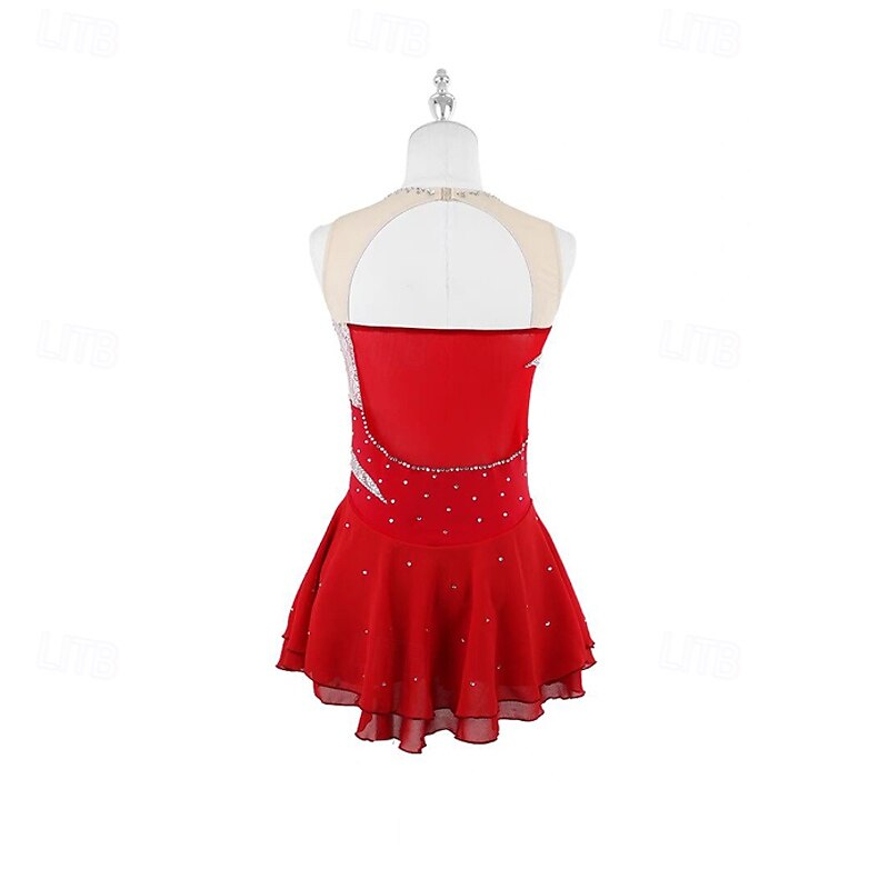 Figure Skating Dress Women's Girls' Ice Skating Dress Red Patchwork Thumbhole Mesh Spandex Stretchy Training Practice Professional Skating Wear Thermal Warm Crystal / Rhinestone Sleeveless Ice2