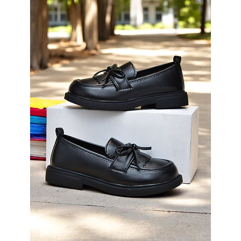 Little Girls' Faux Leather School Loafers with Fringe and Bow – Comfortable Moccasin Style Shoes for School & Daily Wear3