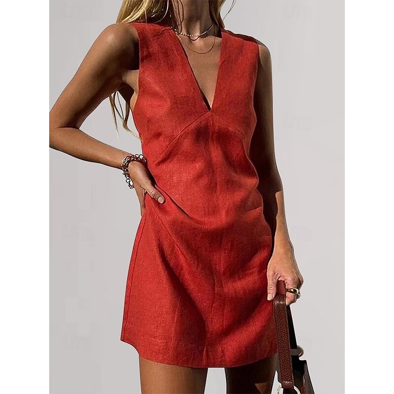 Women's Mini Dress Linen-Inspired Dresses Cotton Linen Dress Stylish Sexy Vacation Daily Date Regular Fit Plain Sleeveless V Neck Black White Red Beige Summer Spring2