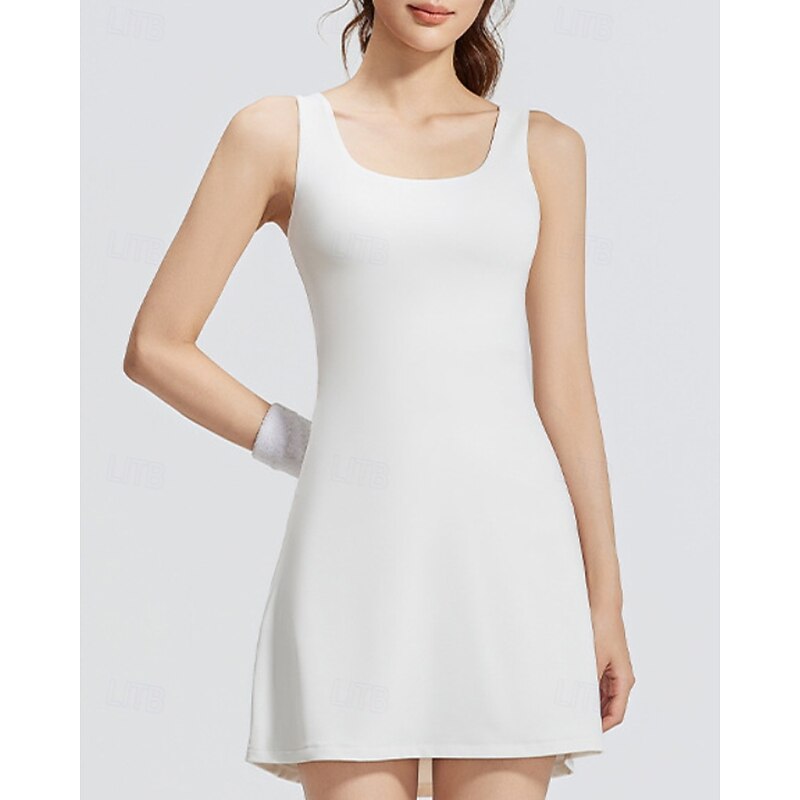 Women's Solid Colored Tennis Dress with Built in Shorts and Bra Sports Dress Sleeveless Breathable Tennis Golf Pickleball Square Neck Dress Black White Grey Tennis Clothing2