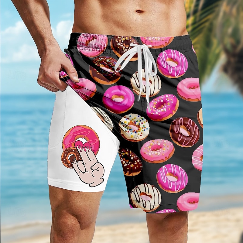 Men's Funny Donuts Lined Shorts 2 in 1 Board Shorts Swim Shorts Mid Waist Hawaiian Vacation Holiday Beach Wear Side Pockets With Compression Liner Elastic Drawstring Waist Designer Clothing Apparel
