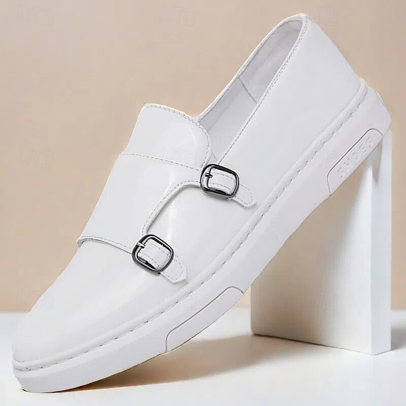 Men's White Monk Strap Slip-On Loafers – Elegant Casual Dress Shoes for Office, Events  and Business Casual Style