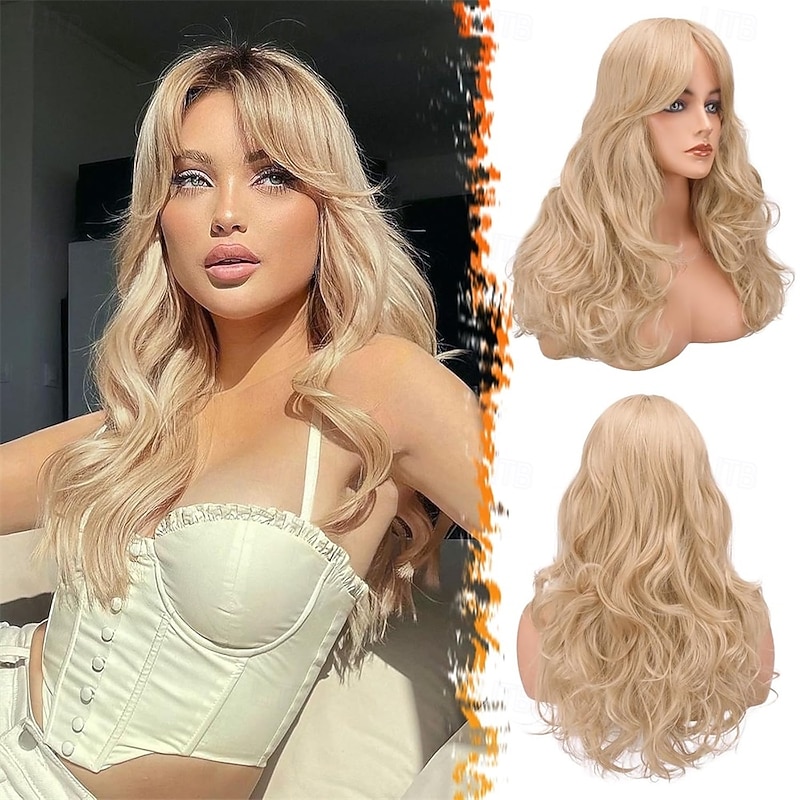 Long Blonde Curtain Bangs Wig - 26 Inch Long Wavy Layered Wigs for Women - Synthetic Hair Sabrina Wigs Butterfly Haircut Soft Natural Looking Daily Party Halloween - Blonde Mixed