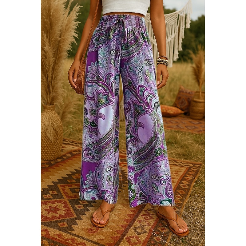 Women's Wide Leg Pants Trousers Bohemian Casual Long High Waist Plain Printing Elastic Drawstring Design High Cut Breathability Soft Micro-elastic Vacation Street Daily Wear Yellow Purple Gold Green4