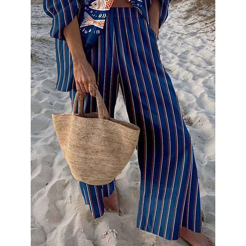 Women's 2 Pieces Fashion Streetwear Daily Pants Sets Long Sleeve Shirt Collar Graphic Casual Daily Beach Red Navy Blue Royal Blue Summer Regular Fit3