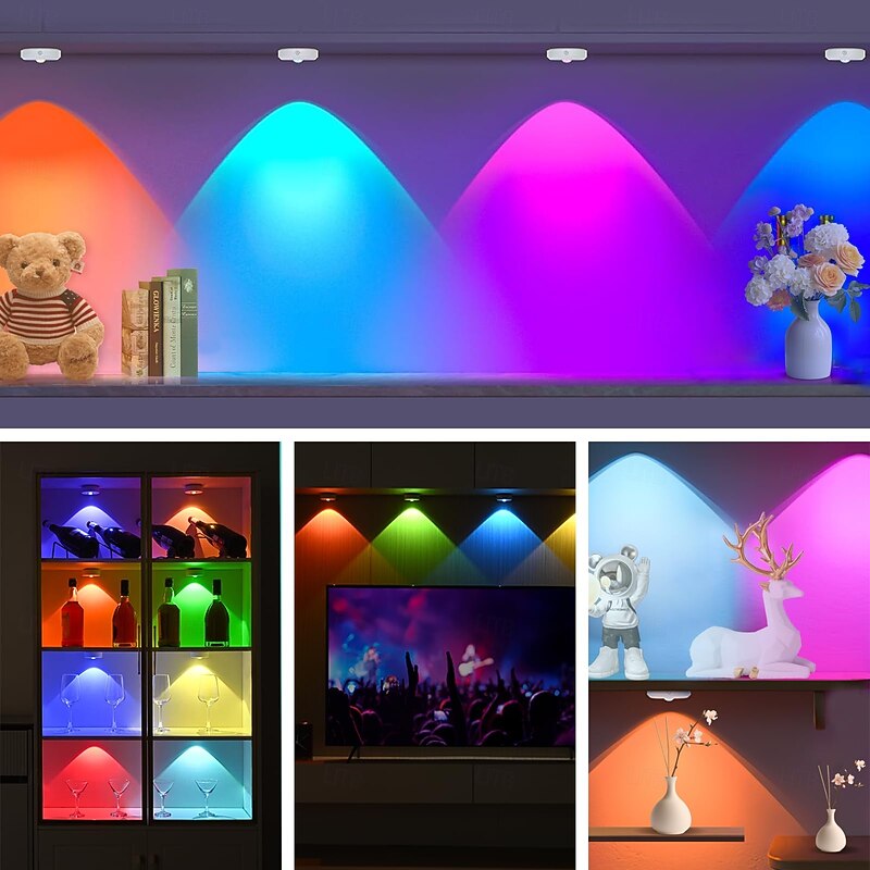1 Pc RGB dimmable rechargeable magnetic spotlight cabinet light wardrobe wine cabinet light mural light wiring free remote control control cat eye light ice hockey light dimmable timer3