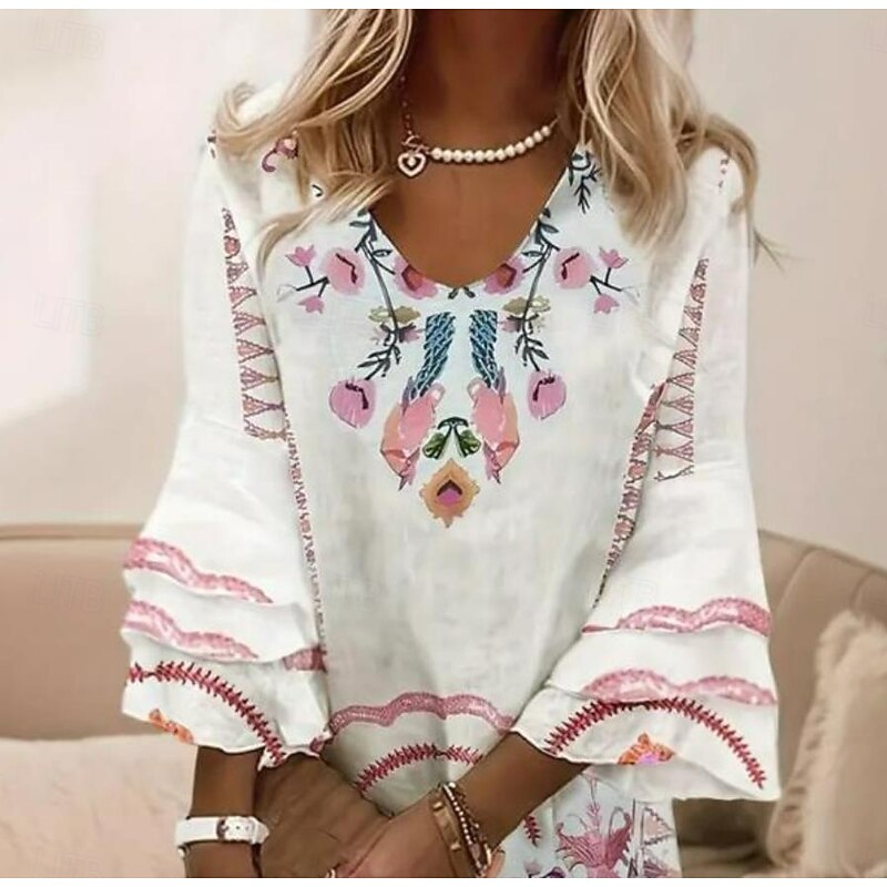 Women's Mini Dress Sundress A Line Dress Ruffle Dress Vacation Casual Boho Daily Going out Regular Fit Floral Graphic Tropical 3/4 Length Sleeve V Neck White Summer Spring2