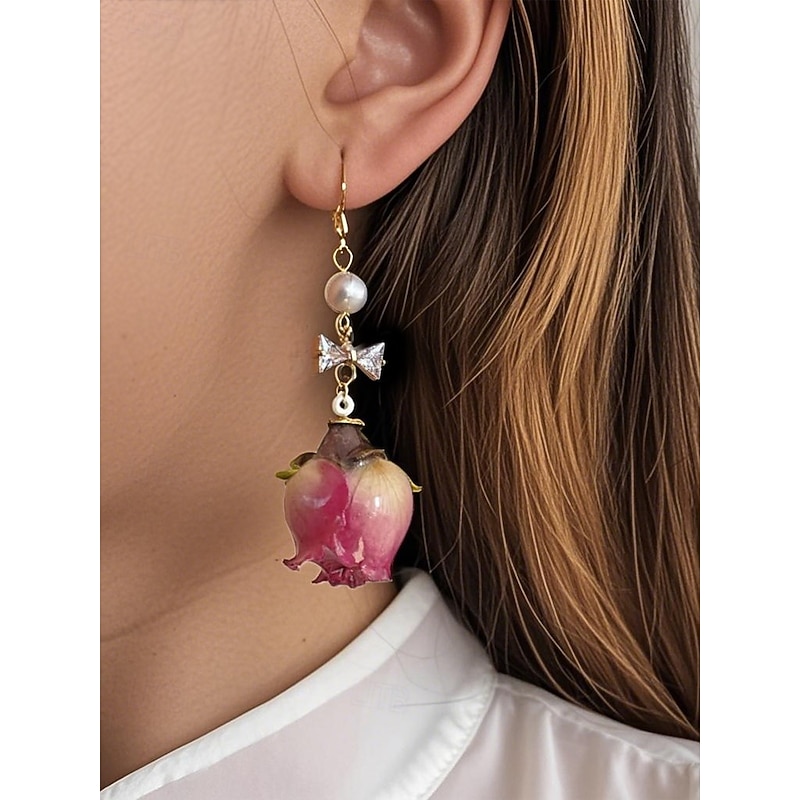 Women's Real Flower Drop Earrings – Acrylic Rose Bud Design with Pearl & Bow Accents, Elegant Handmade Jewelry for Romantic Style, Ideal Gift for Mom on Mother's Day