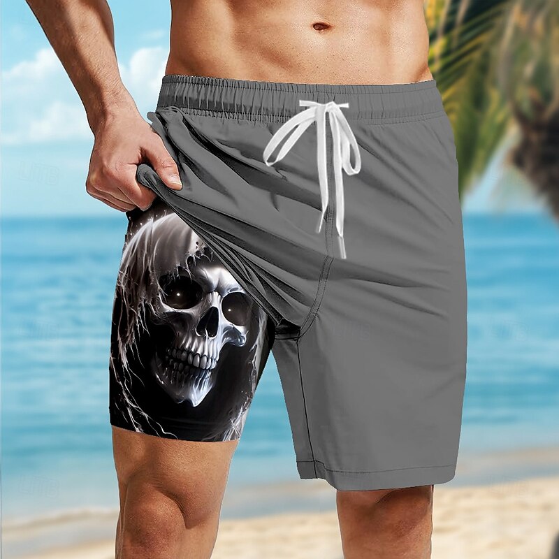 Men's Skull Dark Gothic Lined Shorts 2 in 1 Board Shorts Swim Shorts Mid Waist Hawaiian Retro Vintage Holiday Beach Wear Side Pockets With Compression Liner Elastic Drawstring Waist Designer Clothing3