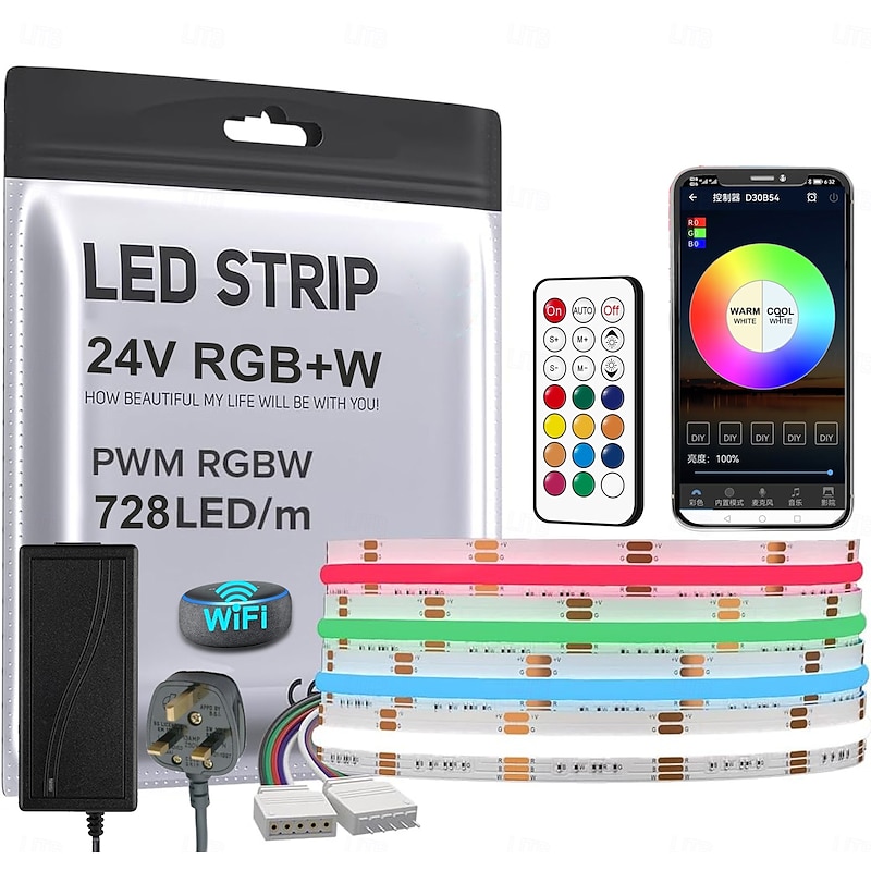 COB LED Strip RGBW Four in One 24.6FT DC24V Color Changing Flexible High-density Uniform Light Suitable for Home Interior Decoration Paired with WIFI APP Music Intelligent Controller 728LED/m4