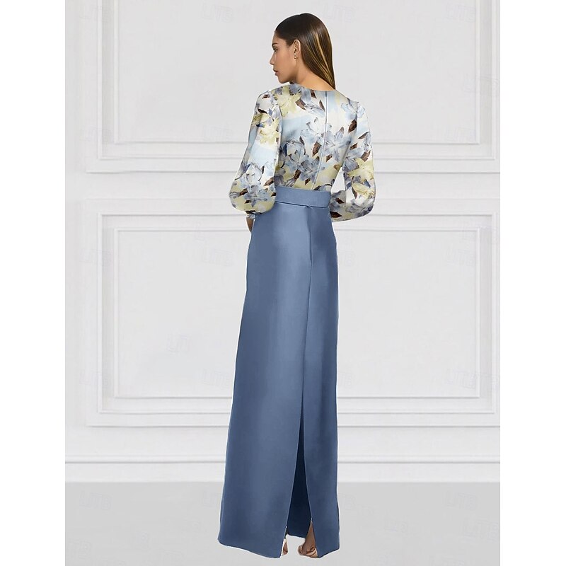 Mermaid Evening Gown Formal Wedding Floor Length Long Sleeve V Neck Satin with Floral Print Wedding Guest Dress2