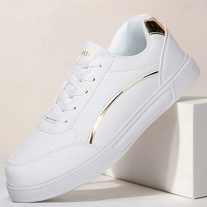 Men's White Sneakers - Faux Leather Material with Gold Accents, Stylish Design for Daily Wear and Casual Events