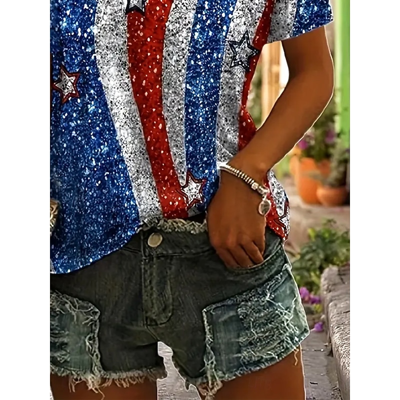 Women's Patriotic  T Shirt Graphic Flag Star Vintage Stylish Classic Short Sleeve Crew Neck Regular Tops Daily Weekend Beach Wear Print Blue Summer Spring3