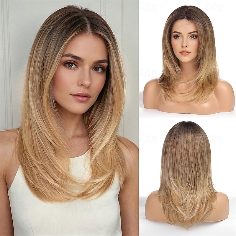 Layered Straight Blonde with Dark Roots Wigs for Women Heat Resistant Wig with fringe for Daily4