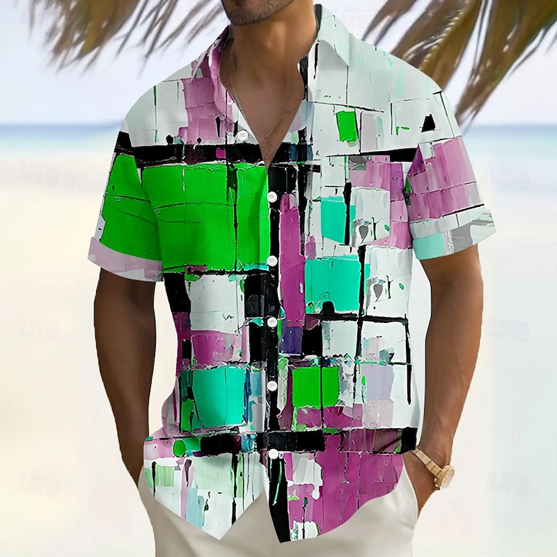 Men's Geometric Color Block Grid / Plaid Shirt Casual Shirt Button Up Shirt Short Sleeve Fashion Casual Vacation Holiday Streetwear Summer Turndown 3D Print Front One Pocket Linen Like Shirt White3