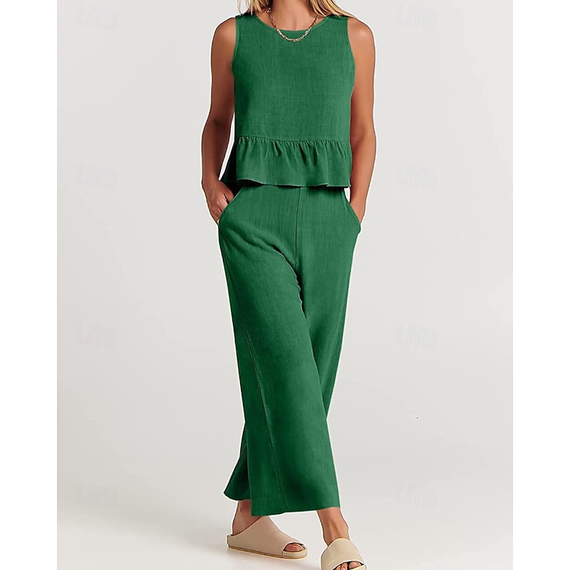 Women's Active Fashion Blouse Pants Sets Sleeveless Crew Neck Solid Color Holiday Casual Daily Black Red Dark Navy Summer Regular Fit3