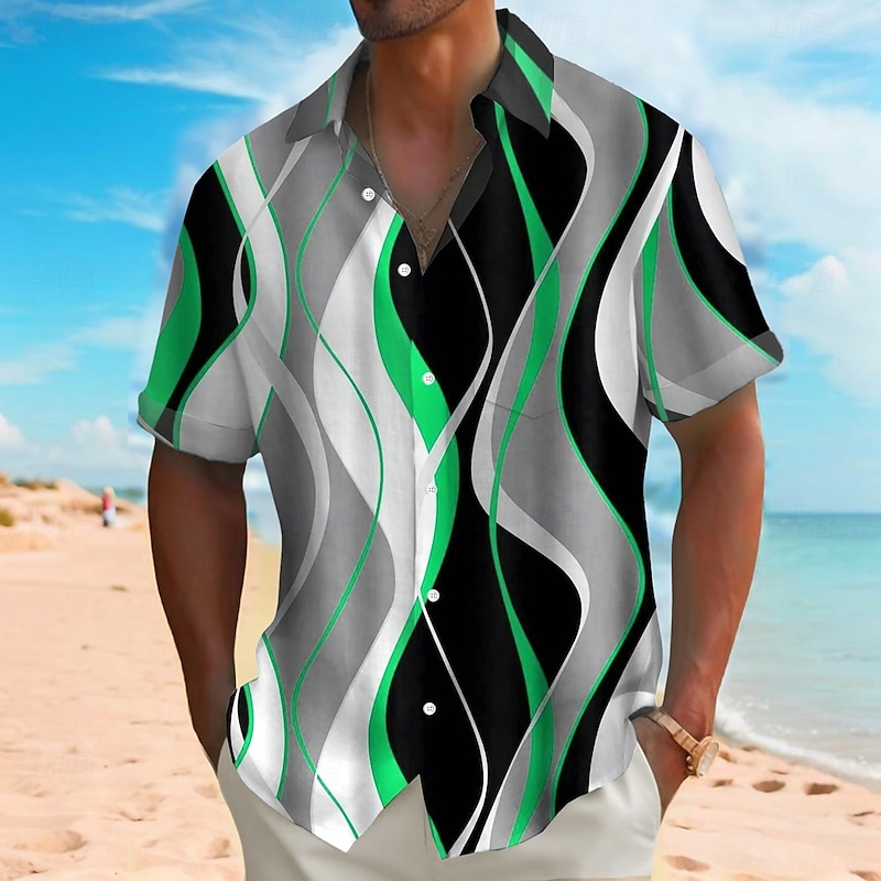 Men's Geometric Waves Abstract Art Shirt Summer Shirt Button Up Shirt Short Sleeve Fashion Casual Vacation Holiday Streetwear Summer Turndown 3D Print Front One Pocket Linen Like Shirt Red Blue Green3