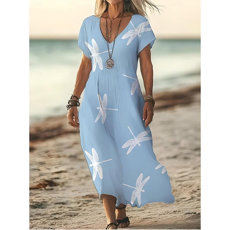 Women's Midi Dress Sundress A Line Dress Vacation Casual Boho Going out Beach Standard Fit Floral Graphic Short Sleeve V Neck Sky Blue Dark Blue Peacock Blue Summer Spring2