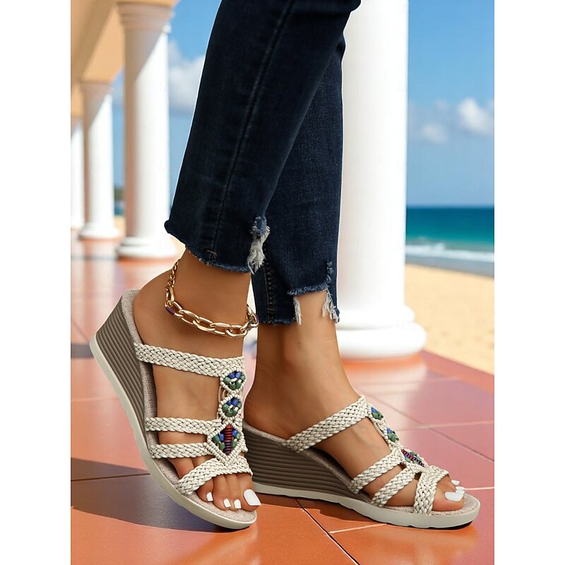 Women's Woven Wedge Slide Sandals with Multicolor Beads – Boho Chic Beach and Resort Shoes for Vacation or Everyday Comfort4