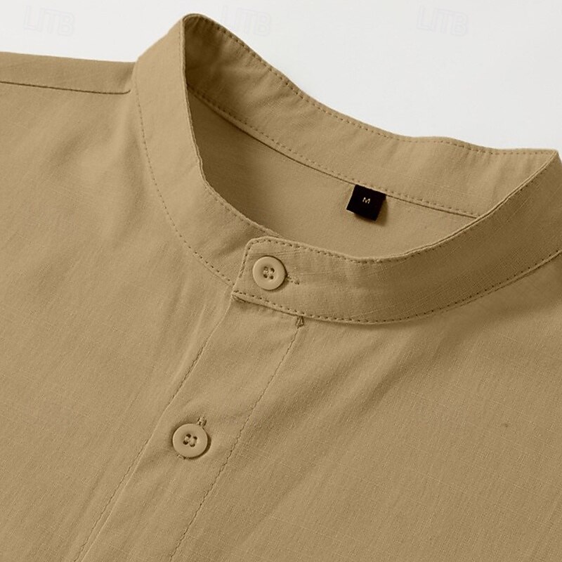 Men's Shirt Band Collar Shirt Summer Shirt Beach Wear Casual Shirt Button Up Shirt Plain Vacation Hawaiian White Sky Blue Orange Green Long Sleeve Stand Collar Clothing Apparel3