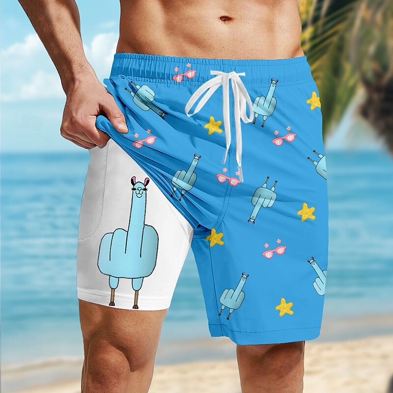 Men's Animal Funny Alpaca Lined Shorts 2 in 1 Board Shorts Swim Shorts Mid Waist Hawaiian Vacation Holiday Beach Wear Side Pockets With Compression Liner Elastic Drawstring Waist Designer Clothing