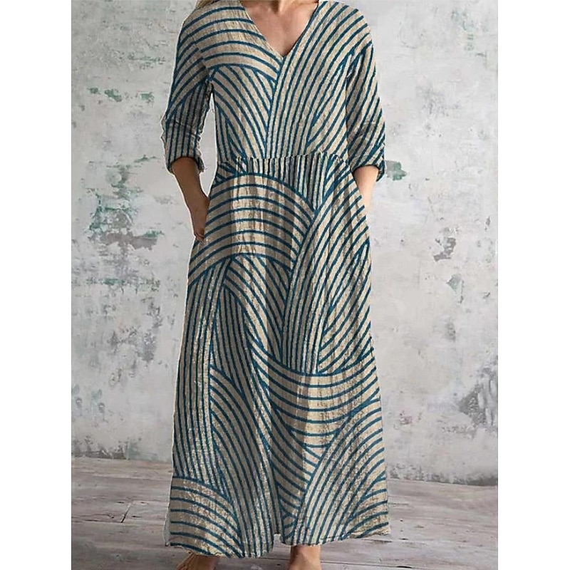Women's Midi Dress Sundress Pleated Dress Vacation Casual Boho Going out Beach Summer Dress Floral Graphic 3/4 Length Sleeve V Neck Dark Brown Blue Green Summer Spring3