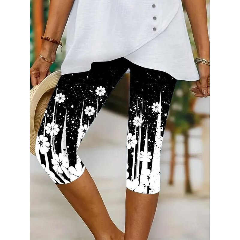 Women's Leggings Capri Pants High Elasticity Vacation Vintage Fashion Full Length Mid Waist Floral Graphic Printing Thermal Warm Breathable Soft Stretchy Outdoor Daily Beach Black White3