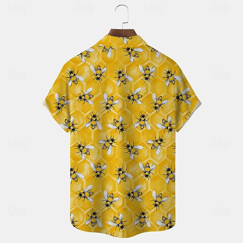 Men's Bee Funny Beehive Shirt Summer Hawaiian Shirt Button Up Shirt Short Sleeve Hawaiian Vacation Holiday Beach Wear Summer Spring Turndown 3D Print Collared Shirts Front One Pocket Yellow2