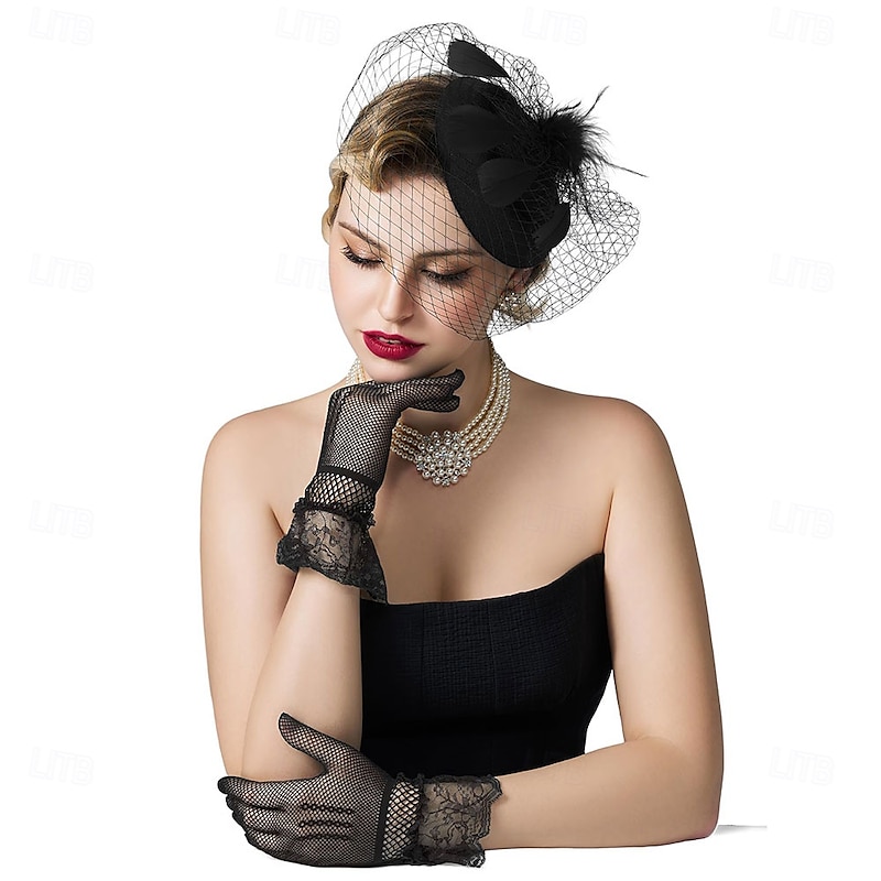 Fascinators Pillbox Hats for Women, Tea Party Hat and Short Lace Gloves Set Perfect for Kentucky Derby, Cocktail