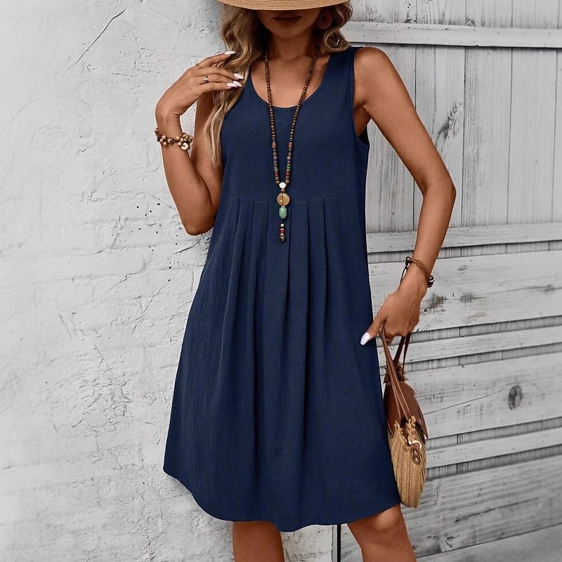 Women's Normal EU / US Size Mini Dress Tank Dress Cotton Maxi Dress Casual Beach Sleeveless Home Work Street Loose Fit Solid Color Sleeveless Crew Neck Dark Brown Khaki Dark Blue Summer Spring Fall