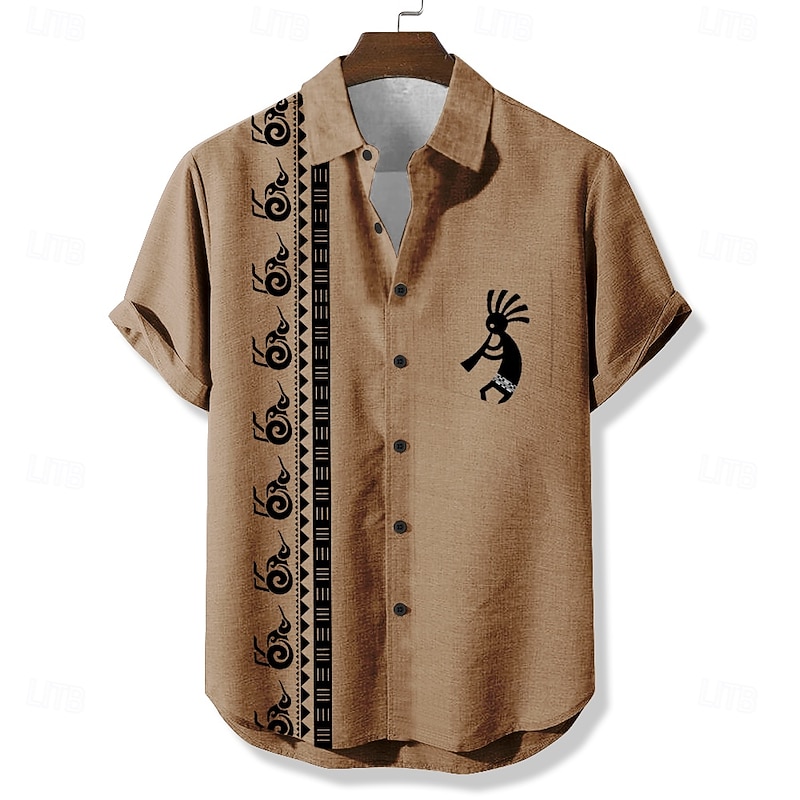 Men's Geometric Ethnic Kokopelli Shirt Casual Shirt Button Up Shirt Short Sleeve Vintage Retro Vacation Holiday Streetwear Summer Turndown 3D Print Front One Pocket Linen Like Shirt Blue 2# Army3