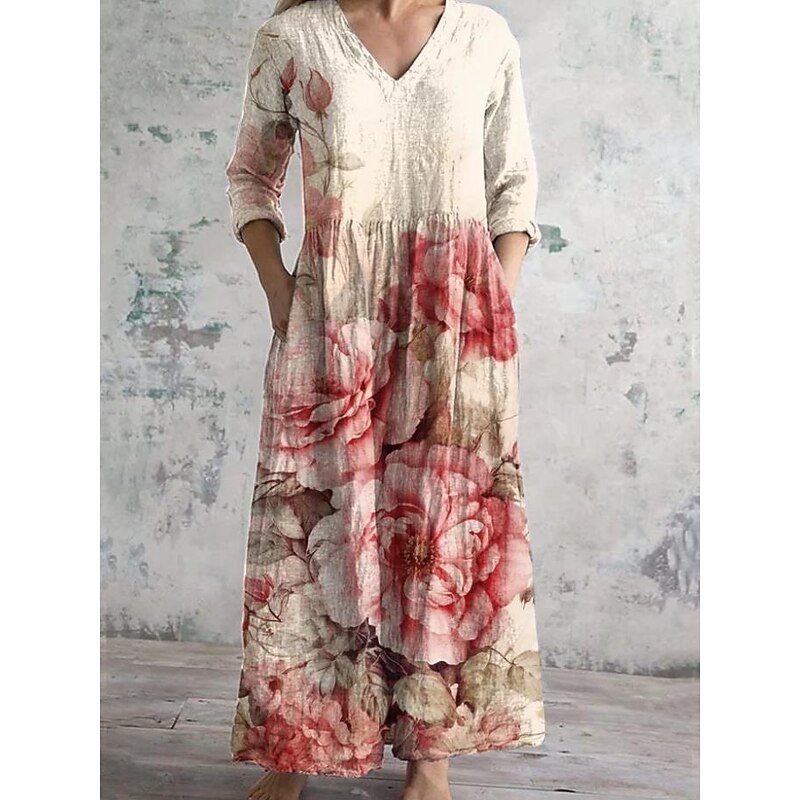 Women's Maxi Dress Sundress Vacation Casual Boho Going out Beach Loose Fit Floral Graphic 3/4 Length Sleeve V Neck White Pink Blue Light Blue-White Summer Spring3