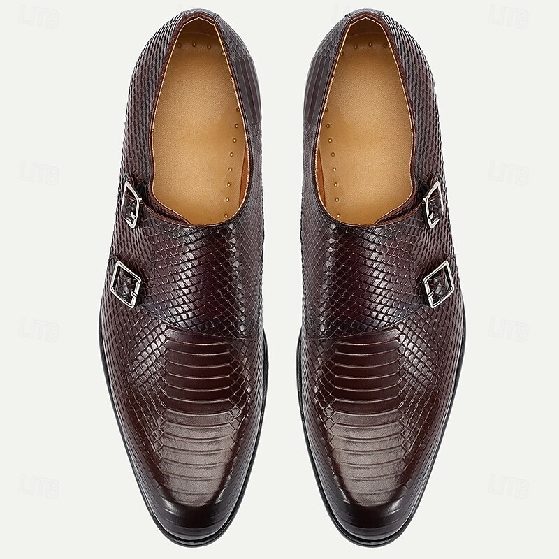 Men's Brown Snakeskin Pattern Leather Monk Strap Shoes – Sophisticated Kentucky Derby Dress Shoes for Outdoor Events and Horse Races4