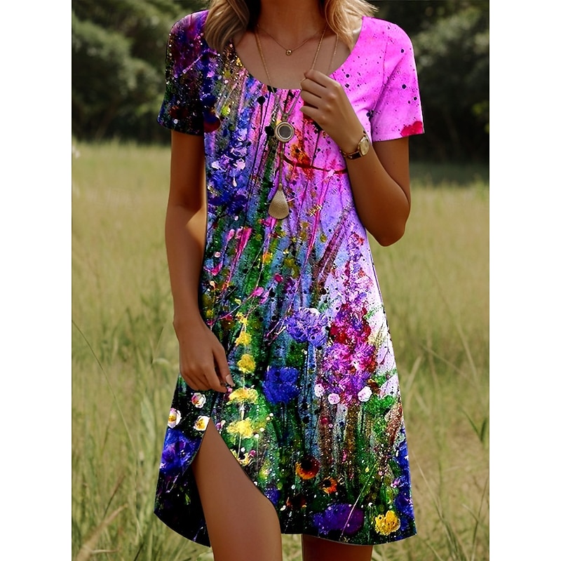 Women's Mini Dress Casual Dress T Shirt Dress Tee Dress Sundress A Line Dress Stylish Casual Holiday Beach Regular Fit Ombre Floral Graphic Short Sleeve Crew Neck Scoop Neck Ice Blue White Pink Dark