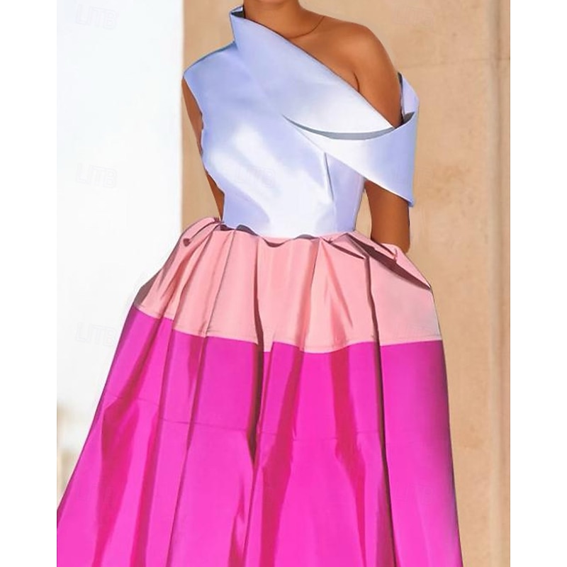 Asymmetrial Neck Cocktail Dresses Formal Wedding Guest Tea Length StraplessDress Color Block with Pleats Ruched2