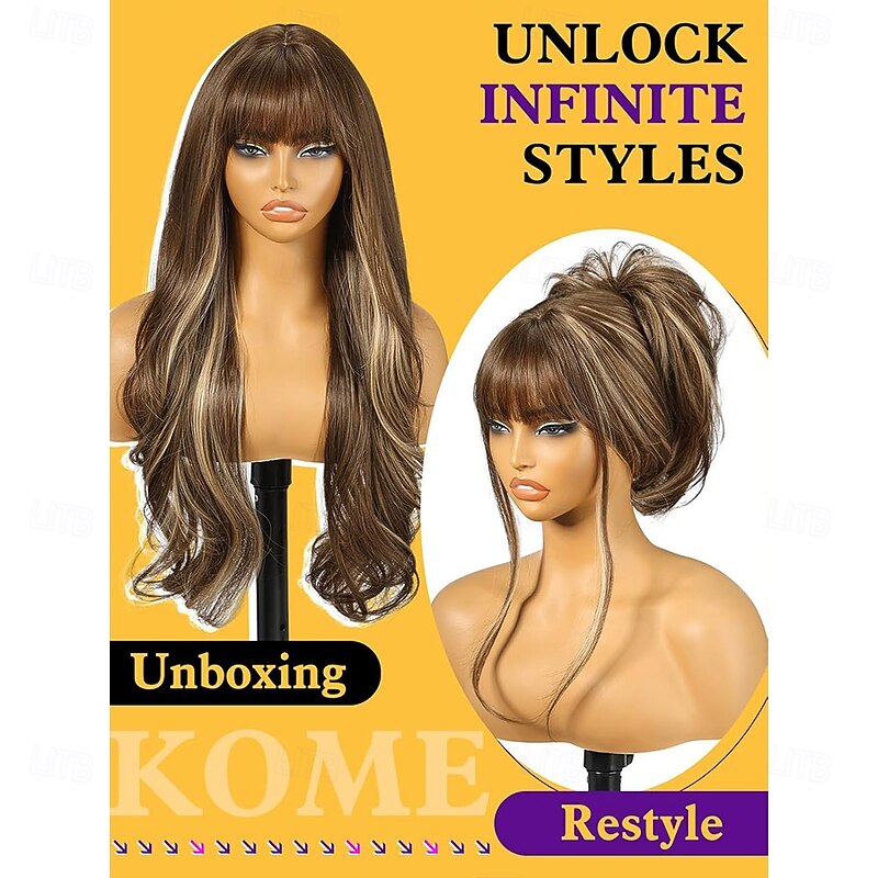 Brown Blonde Highlight Wigs with Bangs Brown Layered Wig for WomenLong Wavy Wigs Synthetic Hair Wig for Party Daily Use 26IN3