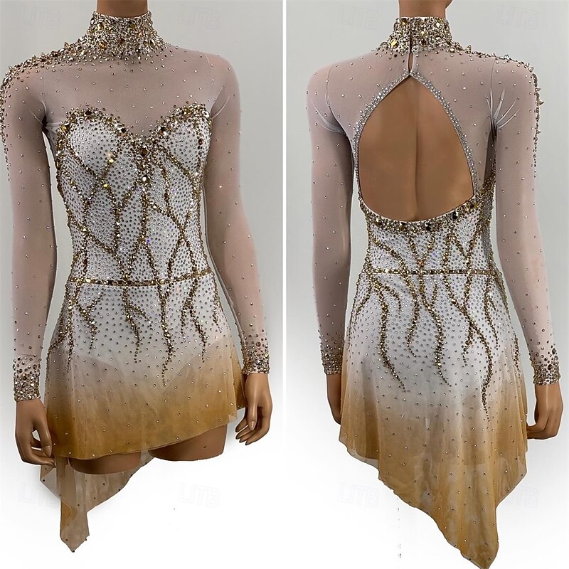 Figure Skating Dress Women's Girls' Ice Skating Dress Gold Patchwork Open Back Mesh High Elasticity Training Competition Skating Wear Classic Crystal / Rhinestone Long Sleeve Ice Skating Figure