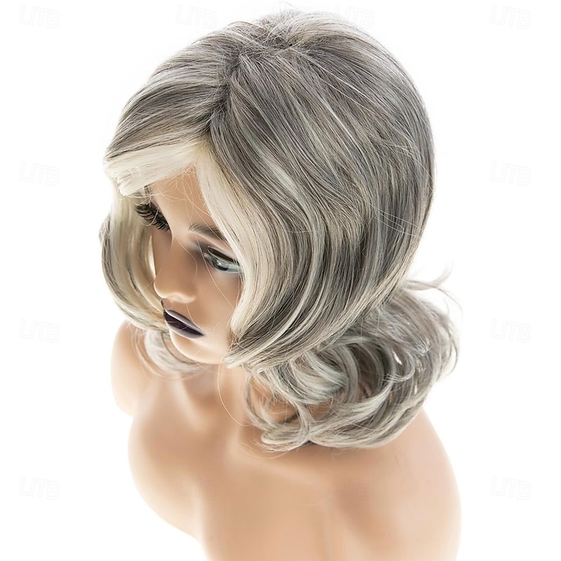 White Mixed Gray Wig for Women Medium Length Curly Layered Wig Natural Looking Heat Synthetic Middle Part Gray Wigs for Daily Party Use3